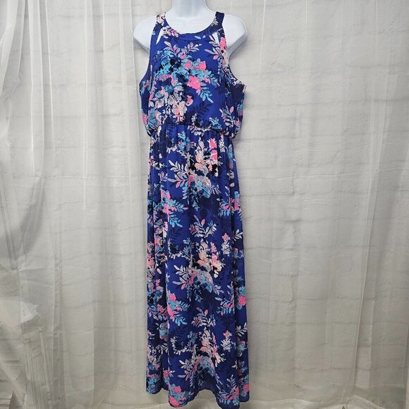 Xhiliration Blue Pink Floral Tropical Sleeveless Maxi Dress L - Picture 1 of 12